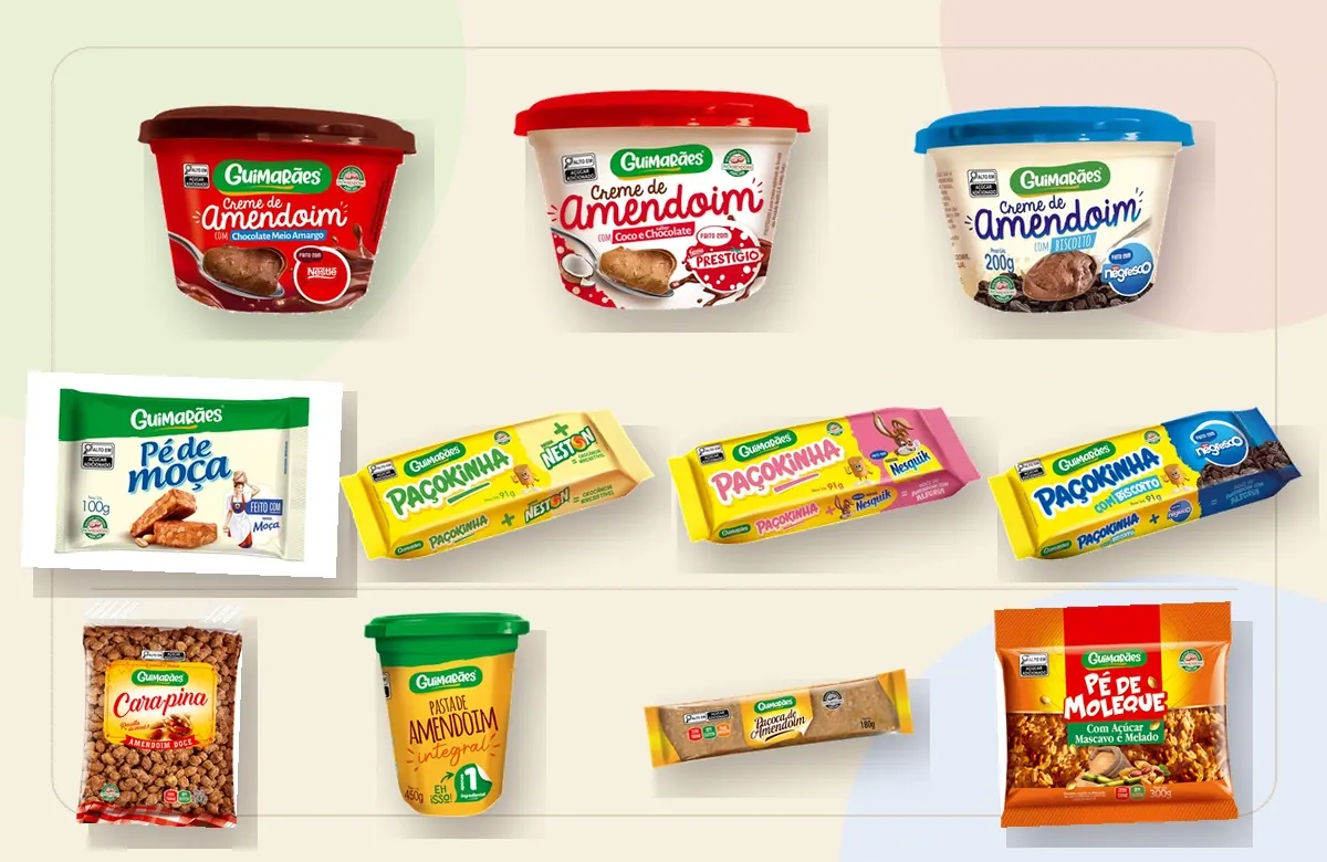 Linha Guimarães com Carapina, pasta integral, paçoca tradicional, Pé de Moleque e produtos da parceria Nestlé