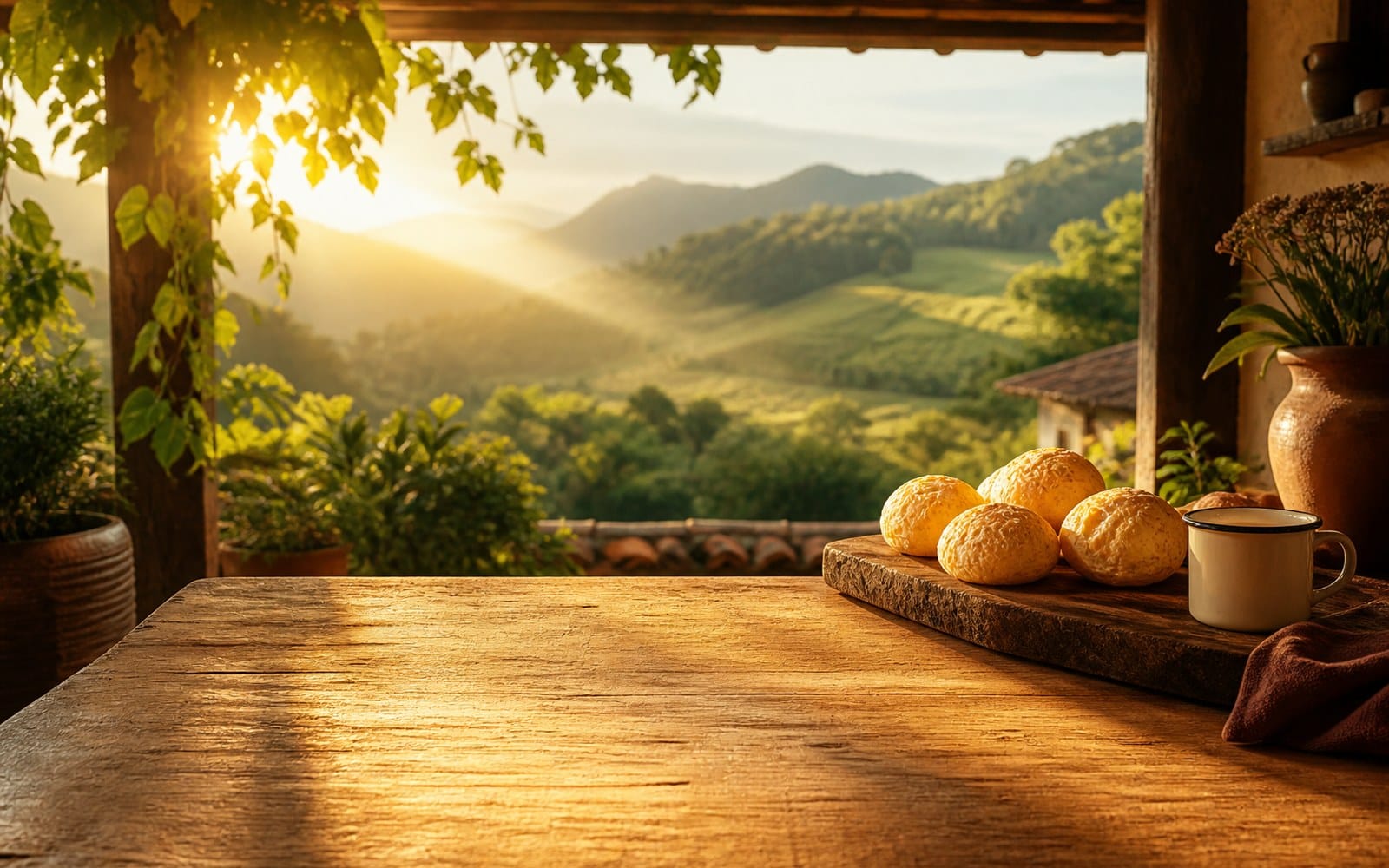 Mesa de fazenda com pães de queijo, café e paisagem de Minas Gerais